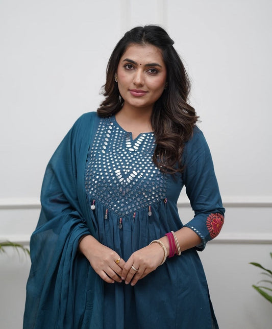 Teal Blue Cotton Kurti Pant Dupatta Set – Threadwork & Mirror Work
