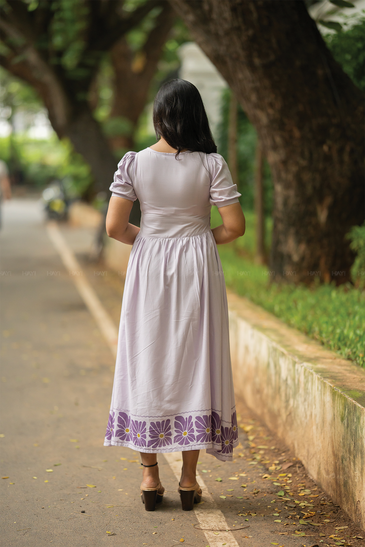 Floral Flow Lavender Viscose Dress with Square Neckline & Puff Sleeves
