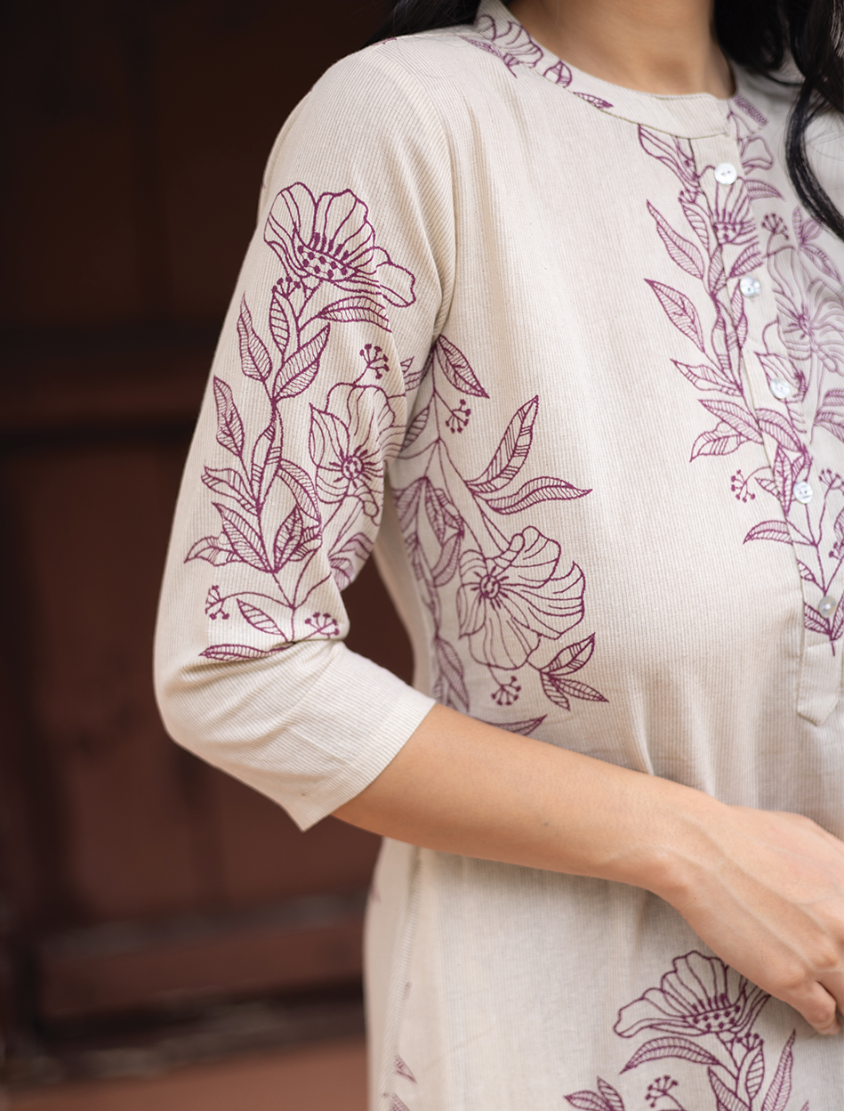 Lineleaf Tales White Cotton Flex A-line Kurta with Chinese Collar & 3/4th Sleeves