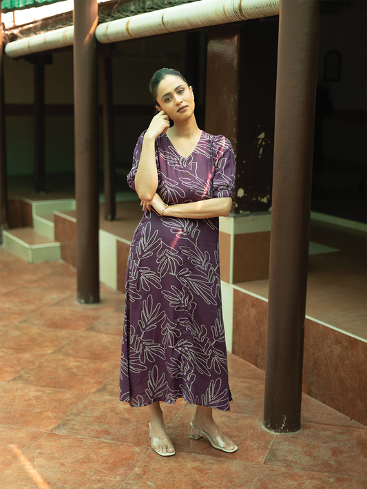 Vionora Violet Viscose Dress with Rounded Square neck & Puff Sleeves
