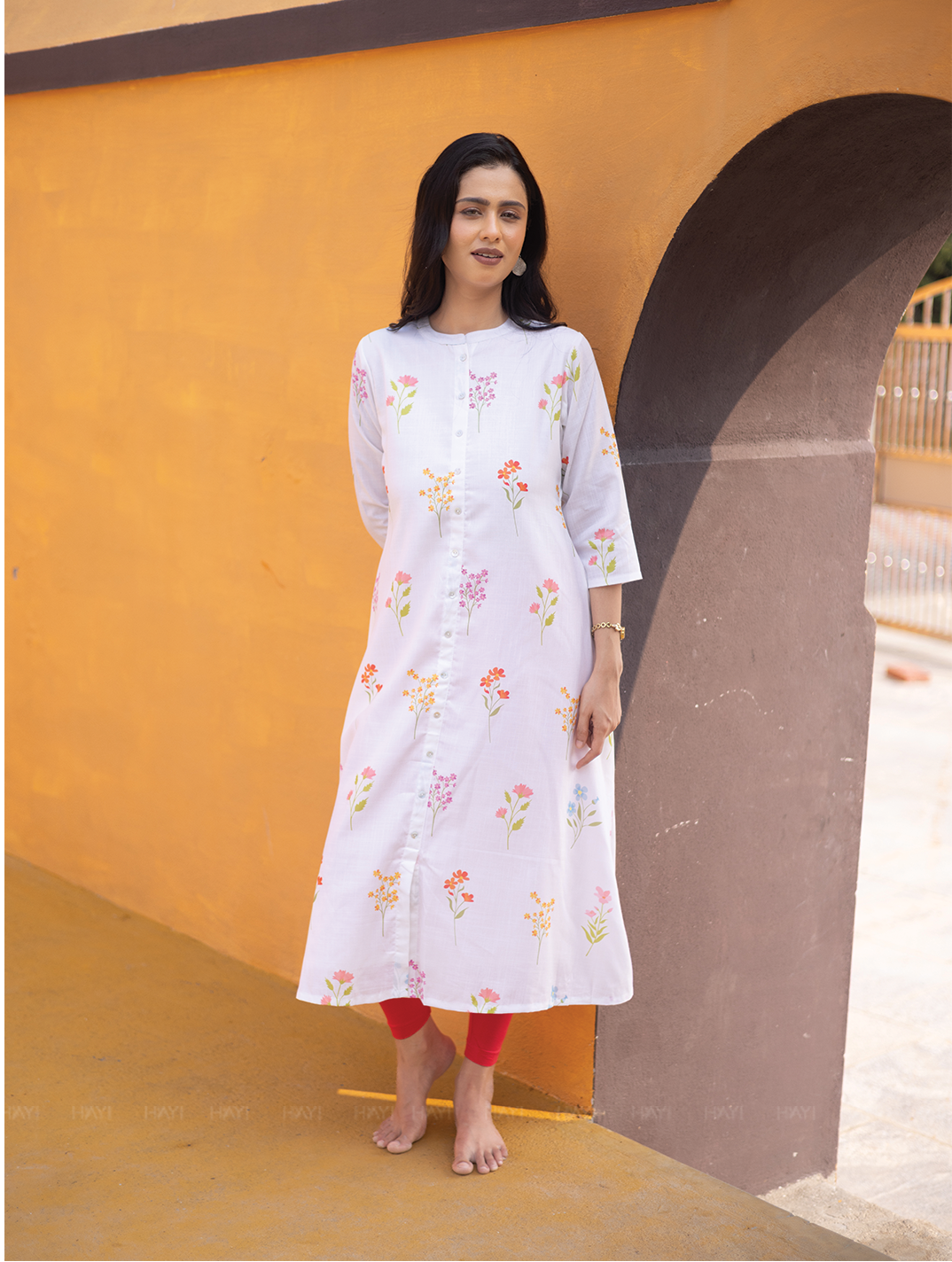 Petal Dreams Off White Linen Blend A-line Kurta with Chinese Collar and 3/4th Sleeves
