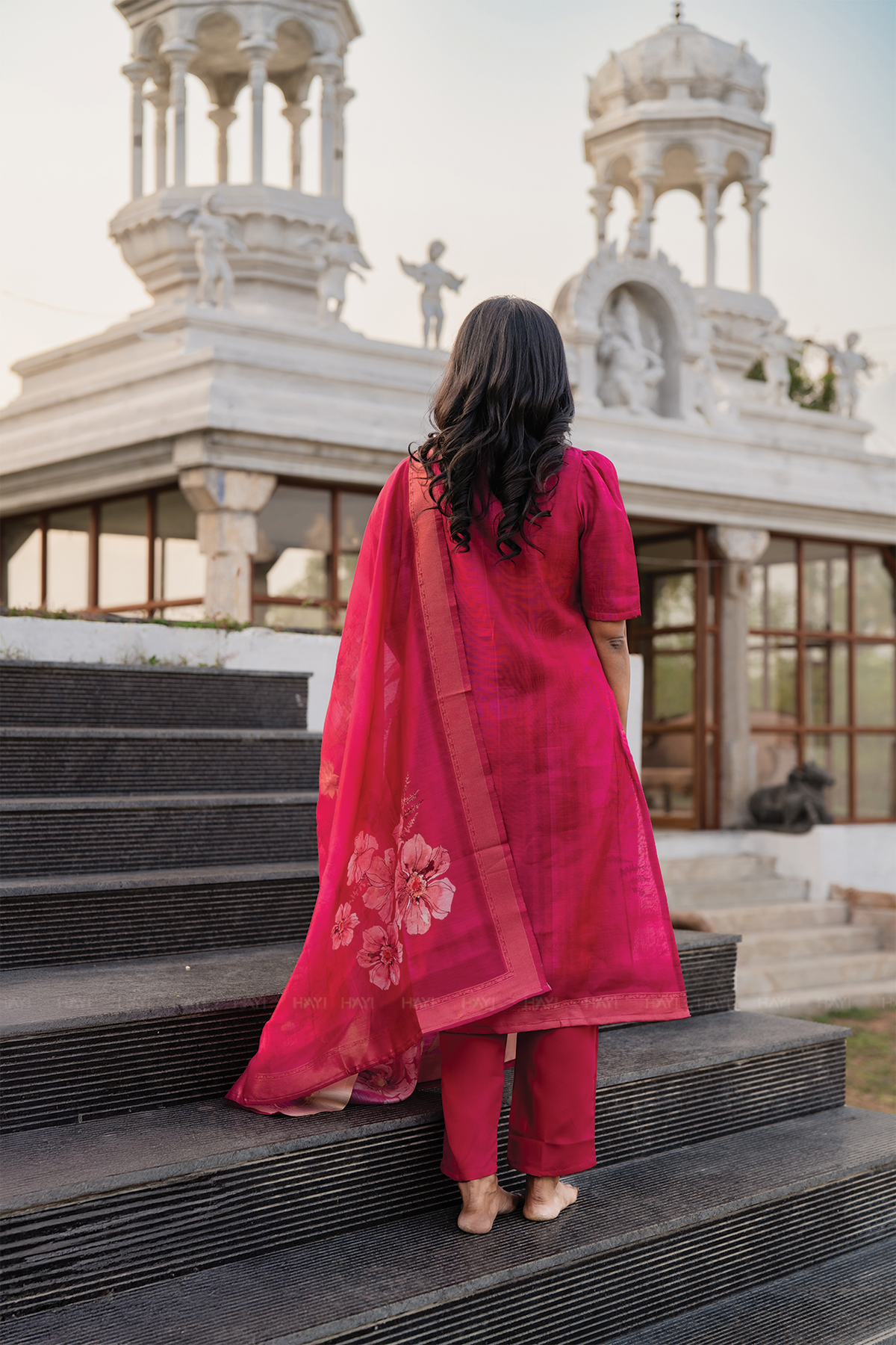 Rosewood Reddish Pink 3 Piece Jacquard Silk Blend Floral Placement Printed Kurta with Pant & Dupatta