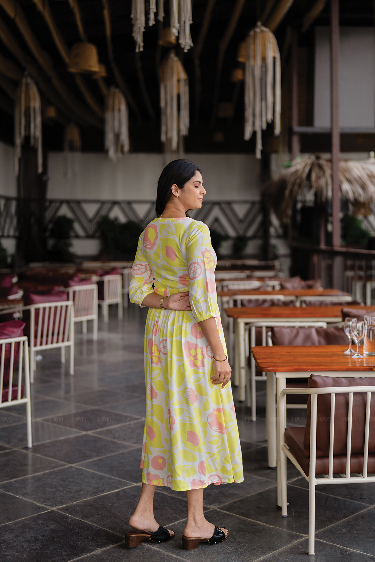 Bloom Breeze Green Viscose Dress with Boat Neck & 3/4th Sleeves