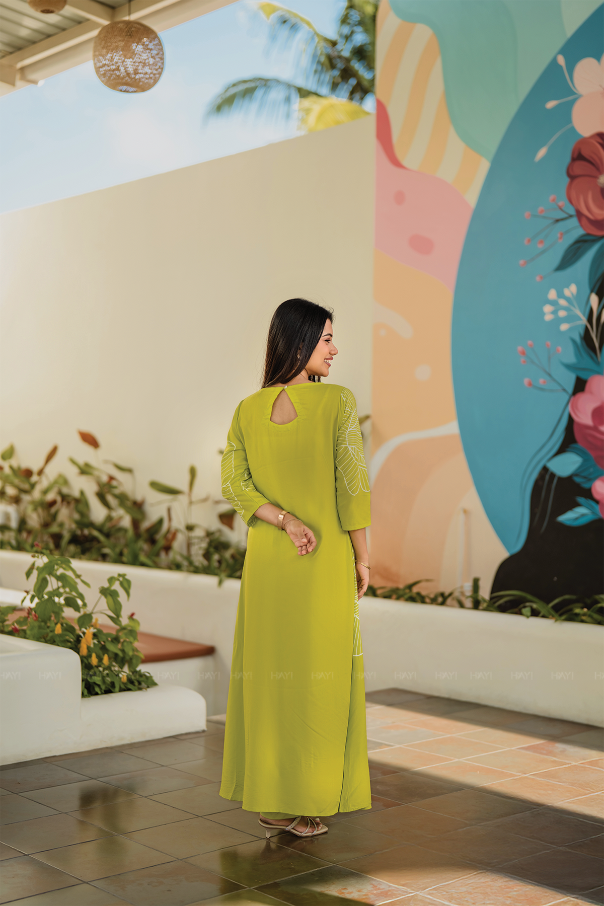 Leaf Light Charm Green Viscose Co-ord with Boat Neck & 3/4th Sleeves