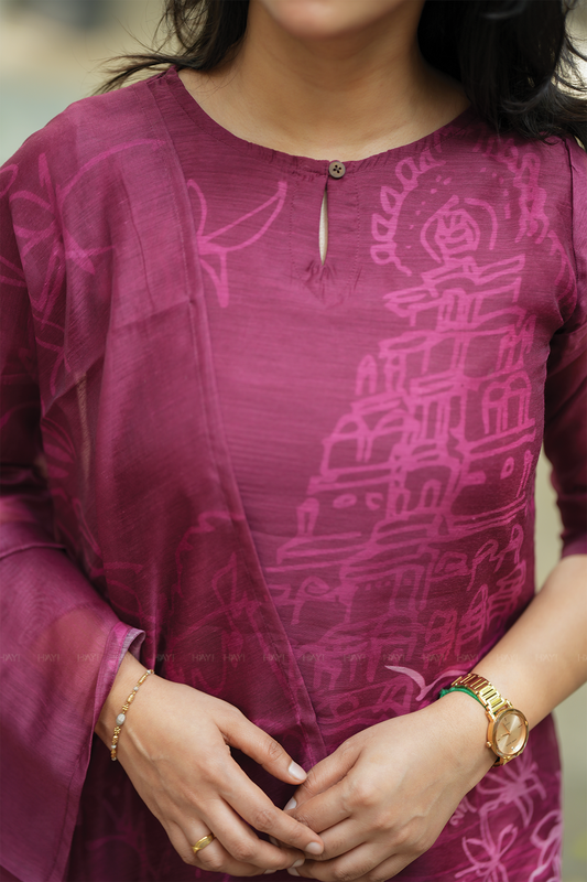 Wine Live in Divine printed 2 Piece Chanderi Blend Kurta with Dupatta