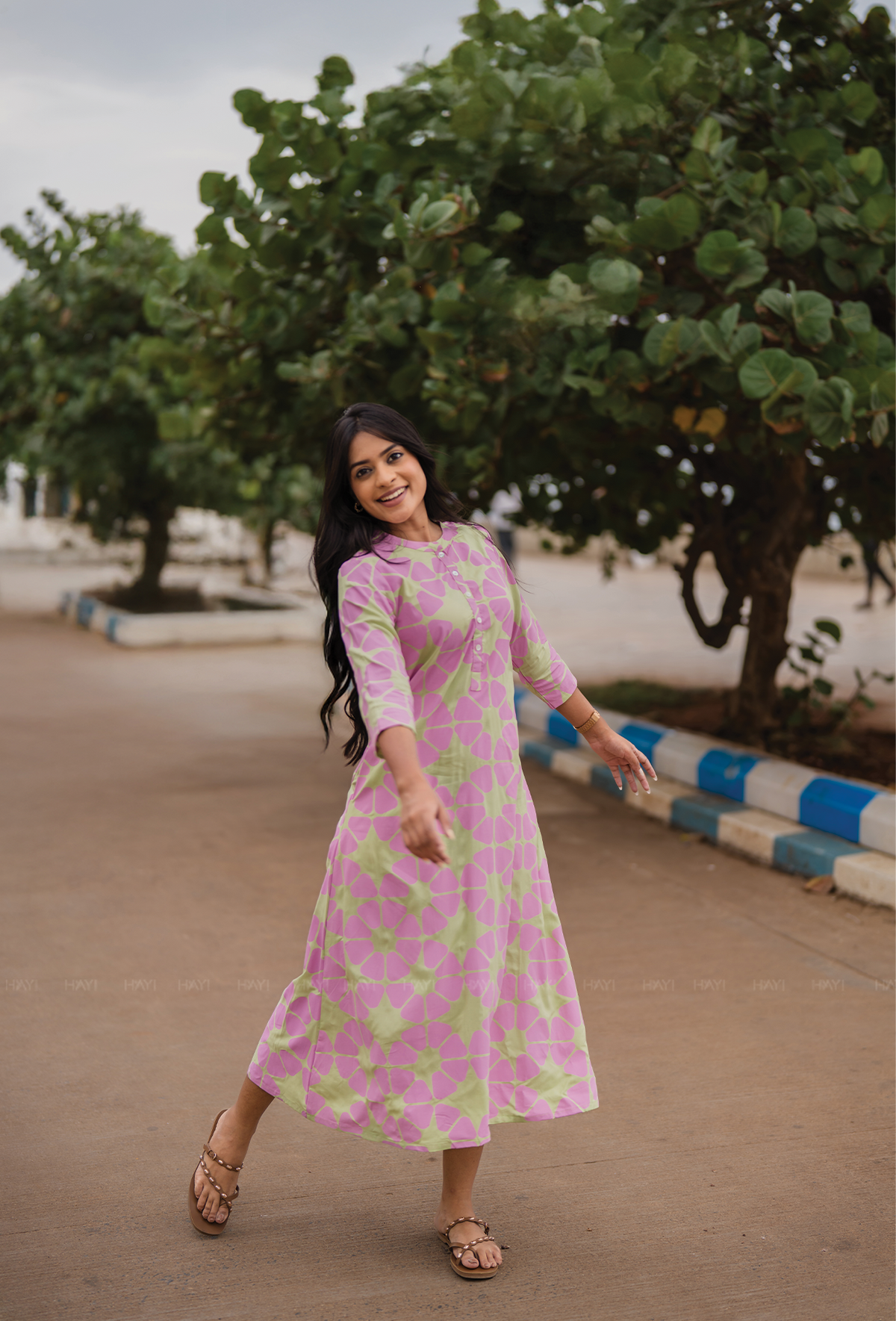 Light Green with Retro Bloom floral printed Viscose Dress