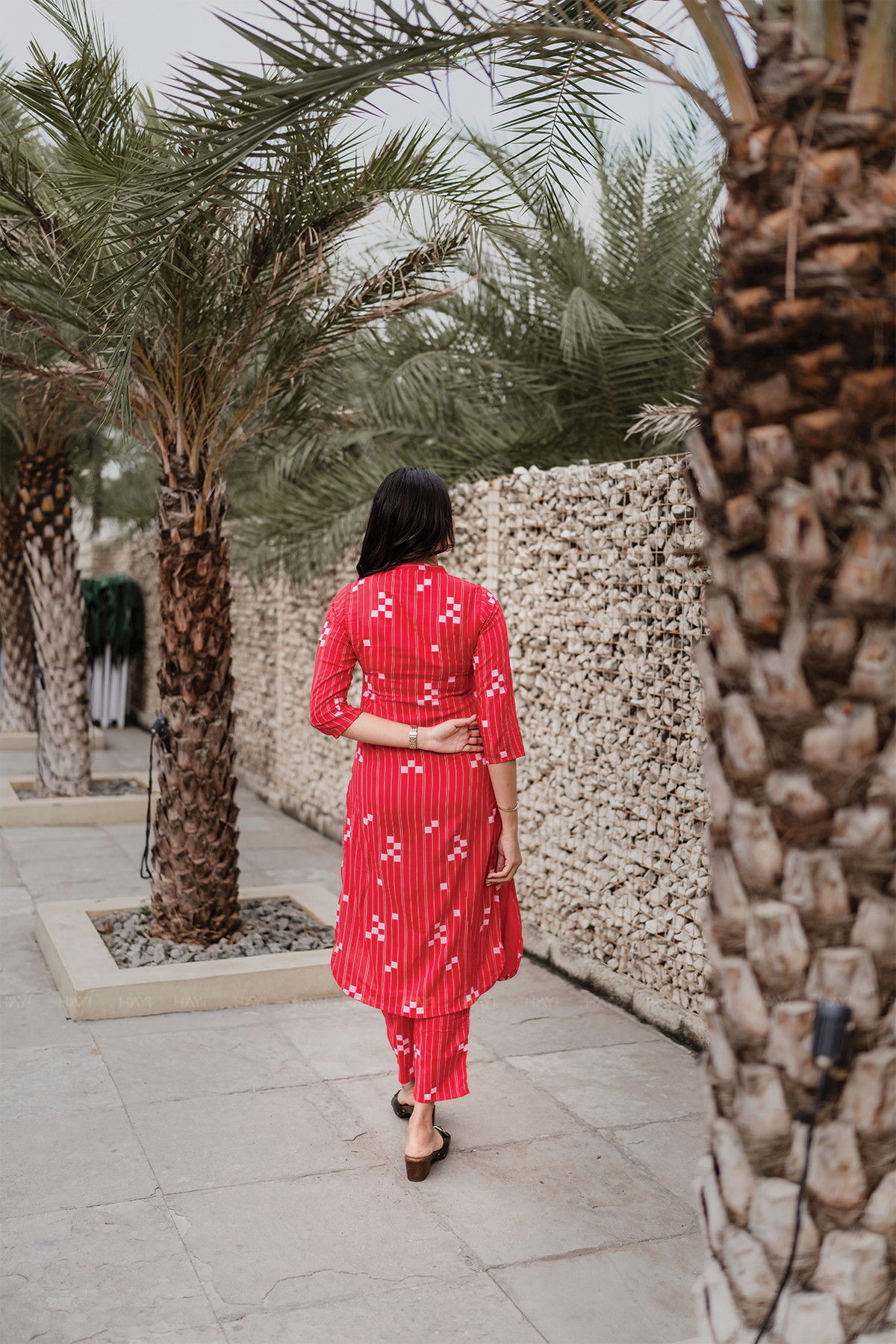 Blush Streak Red Viscose Co-ord with Chinese Collar & 3/4th Sleeves
