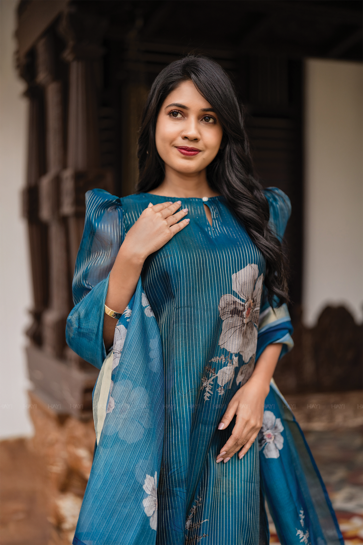 Lagoon Petals 3 Piece Peacock Blue Organza Printed Kurta with Pant & Dupatta