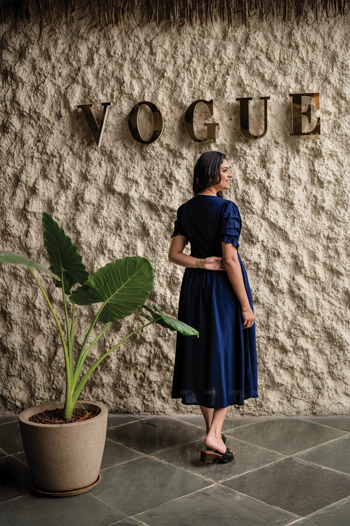 Rosevine Whisper Navy Embroidered Viscose Dress with Boat Neck & Elbow-Length Puff Sleeves