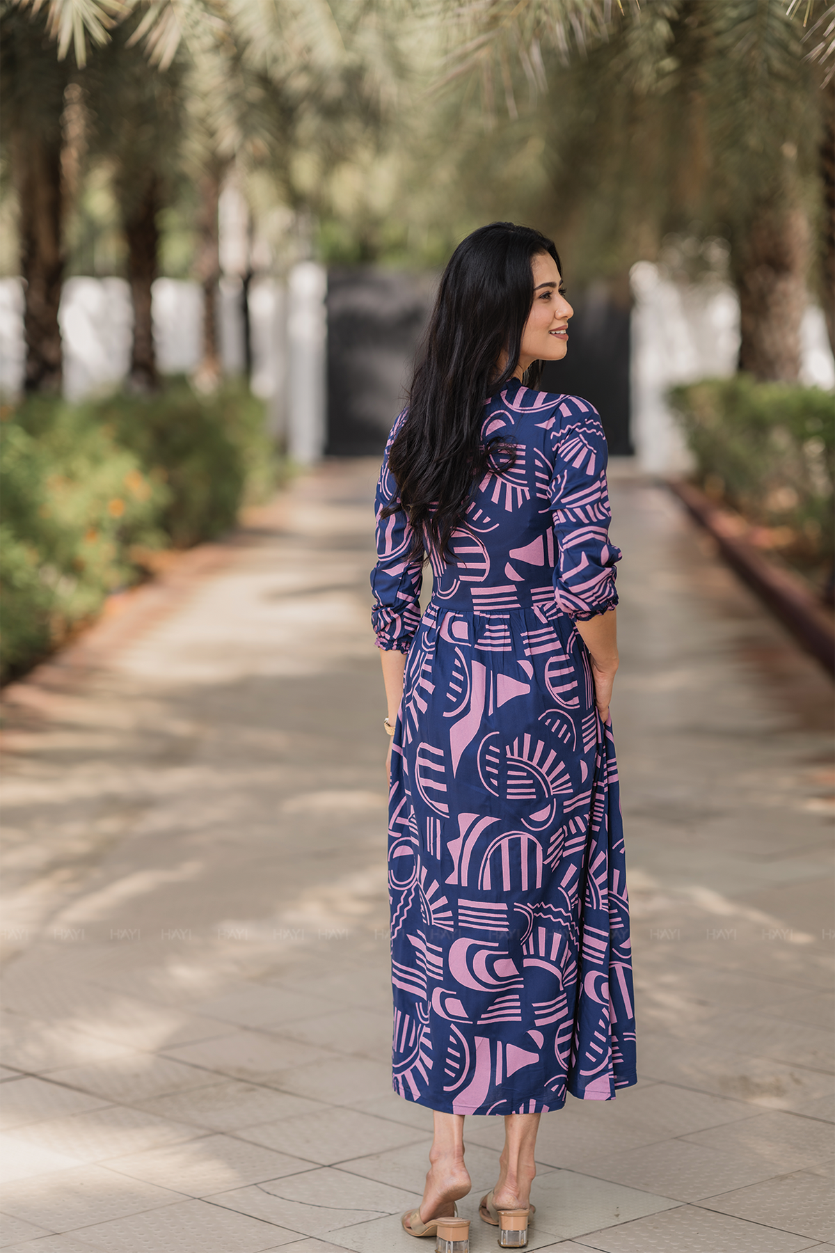 Geometric Whispers Blue Viscose Dress with Keyhole