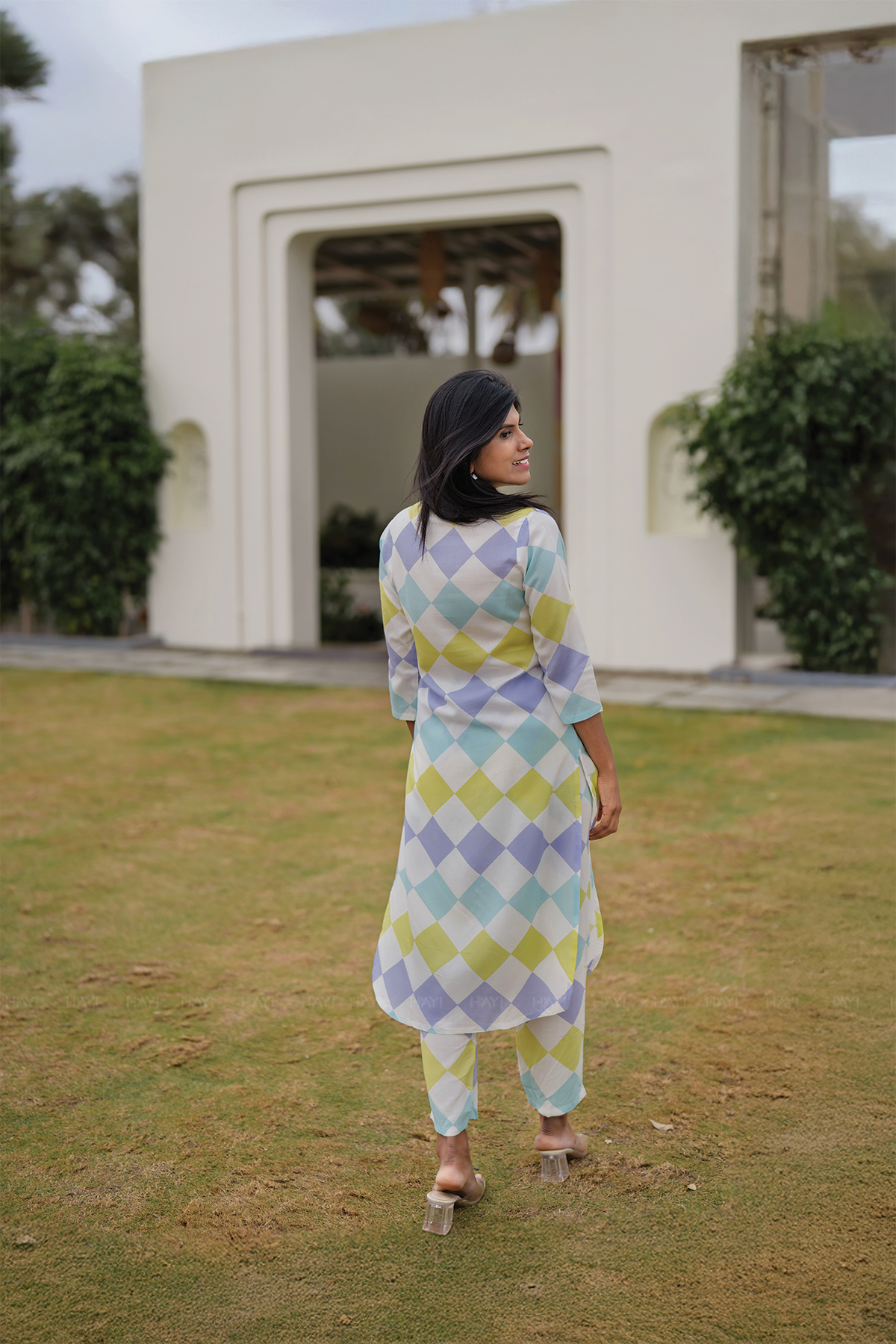 Pastel Patch Off-White Viscose Co-ord with Chinese Collar & 3/4th Sleeves