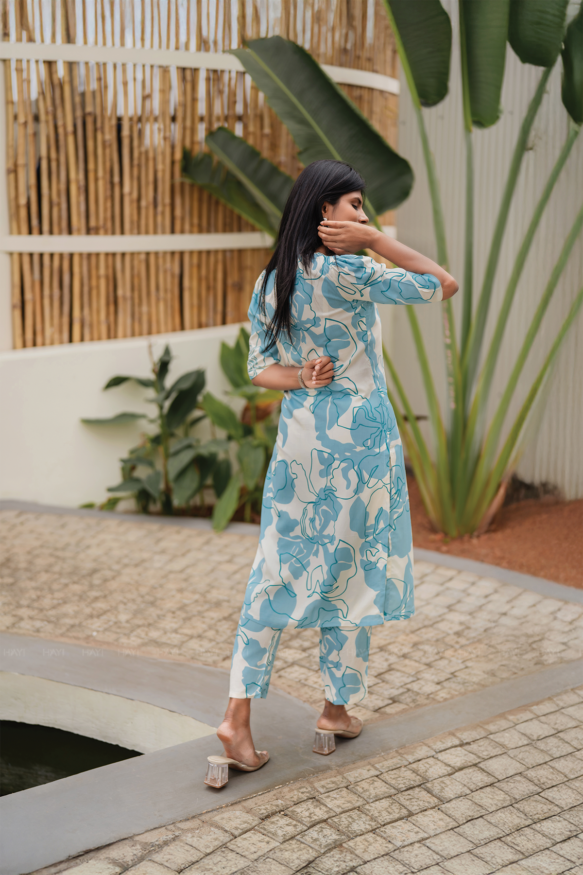 Cloudwave Beige Viscose Co-ord with V-Neckline & Light Gathers with Elbow Sleeves