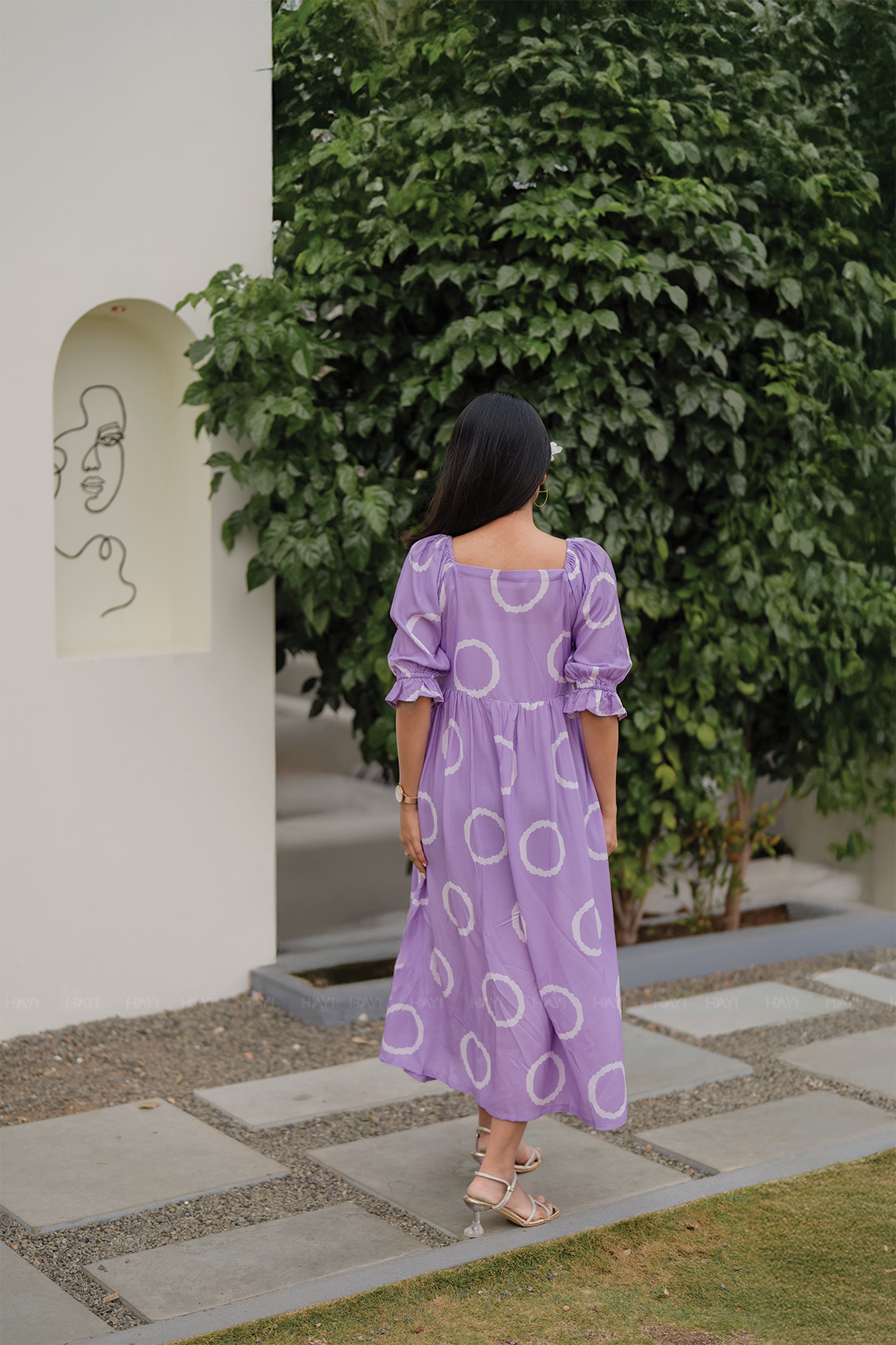 Lavender Ring Viscose Dress with Square Neckline & Puff Sleeve