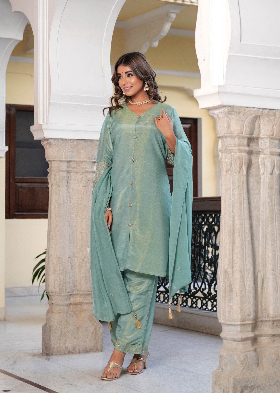 Shimmer Silk suit For Women Aqua