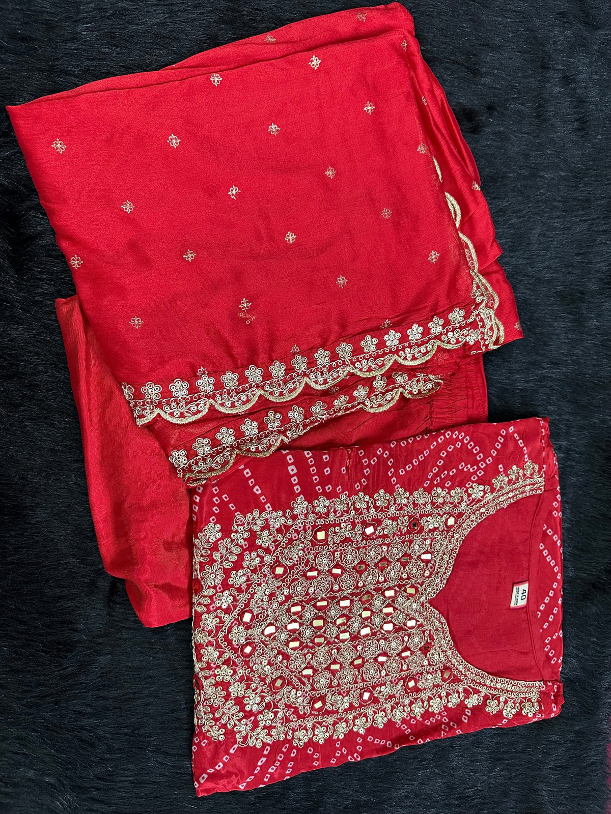 Maharani Handcrafted Bandhej Embroidery Suit Set Red