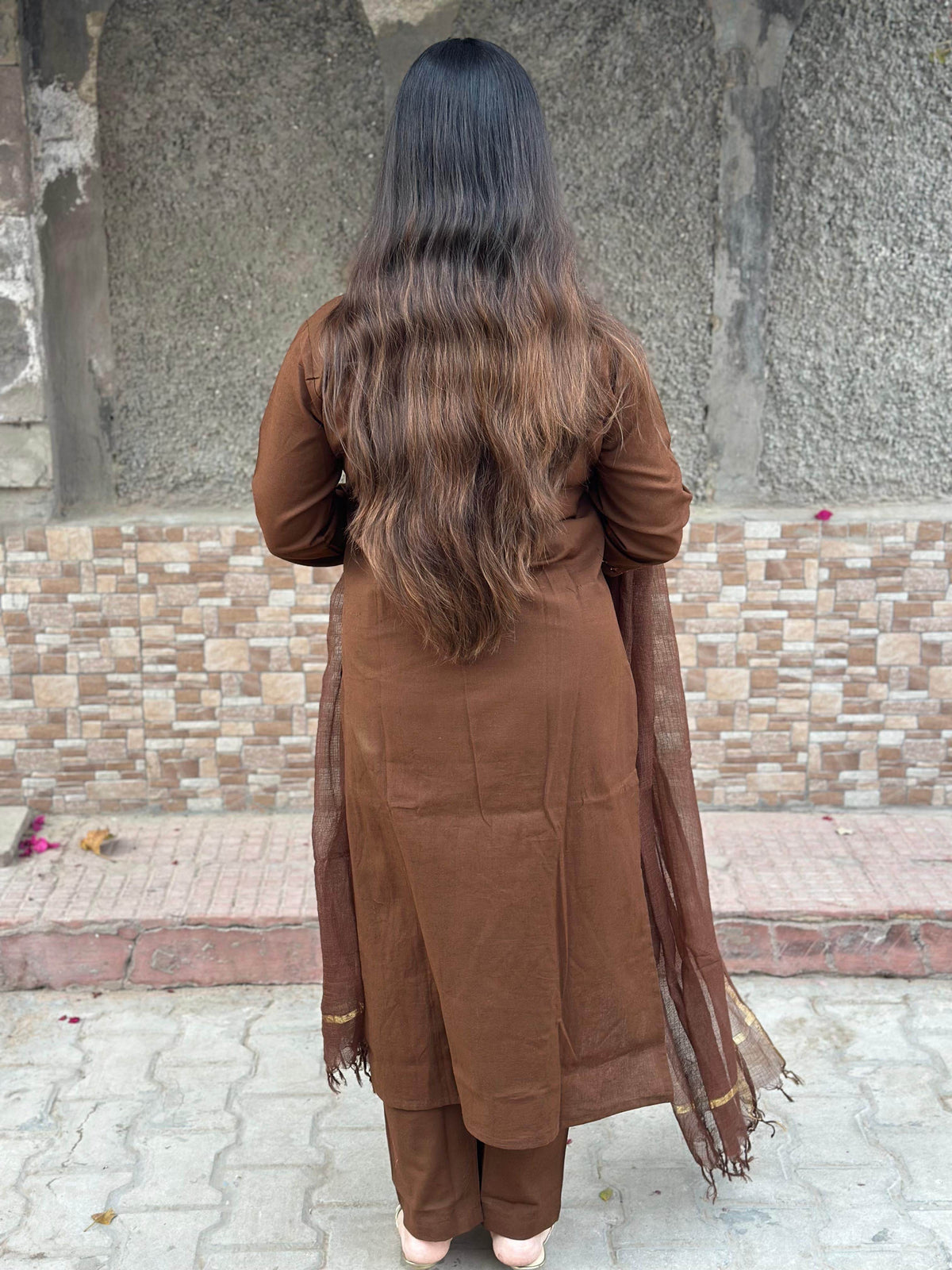 Luxury Brown cotton kurta set with dupatta