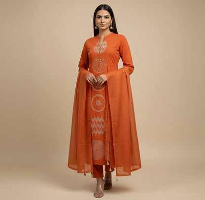 Amayra Cotton Kurta Embroidery Work Kurti Pant And Dupatta - Rust Orange