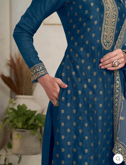 Dark Blue Dola Jacquard Banarasi Suit Set