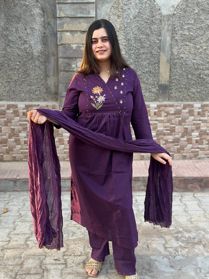 Cotton kurta set for women with dupatta Purple