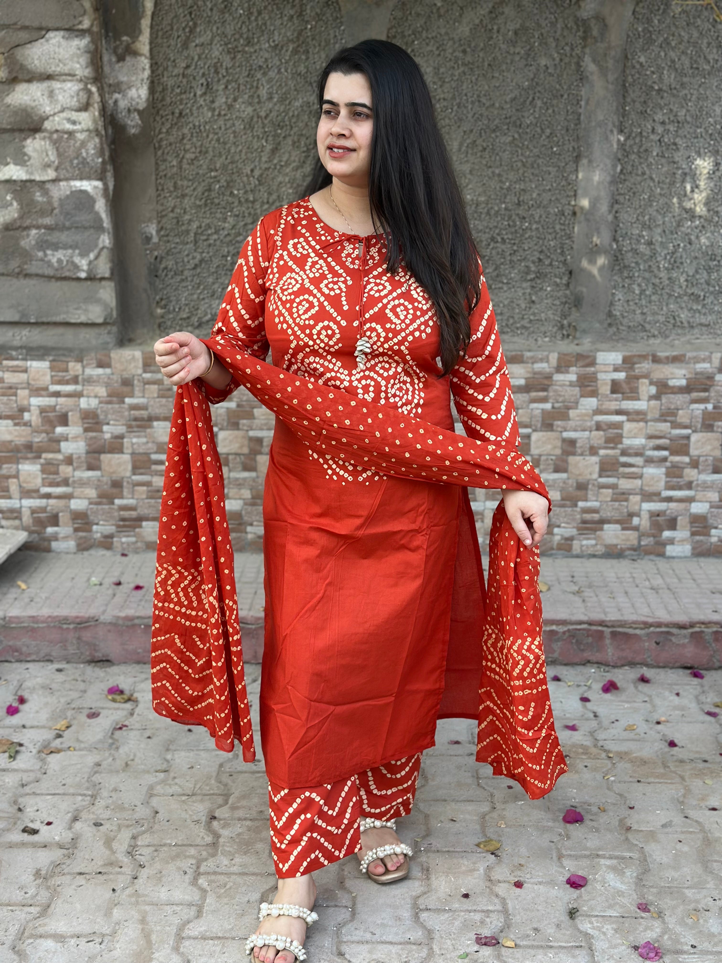 Amayra Cotton Kurta Embroidery Work Kurti Pant And Dupatta -Orange