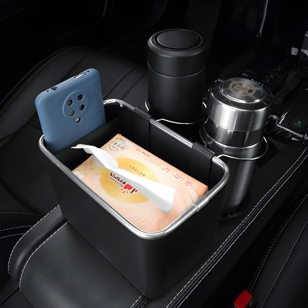 Car armrest Storage Box with 2 Foldable Cup Holder