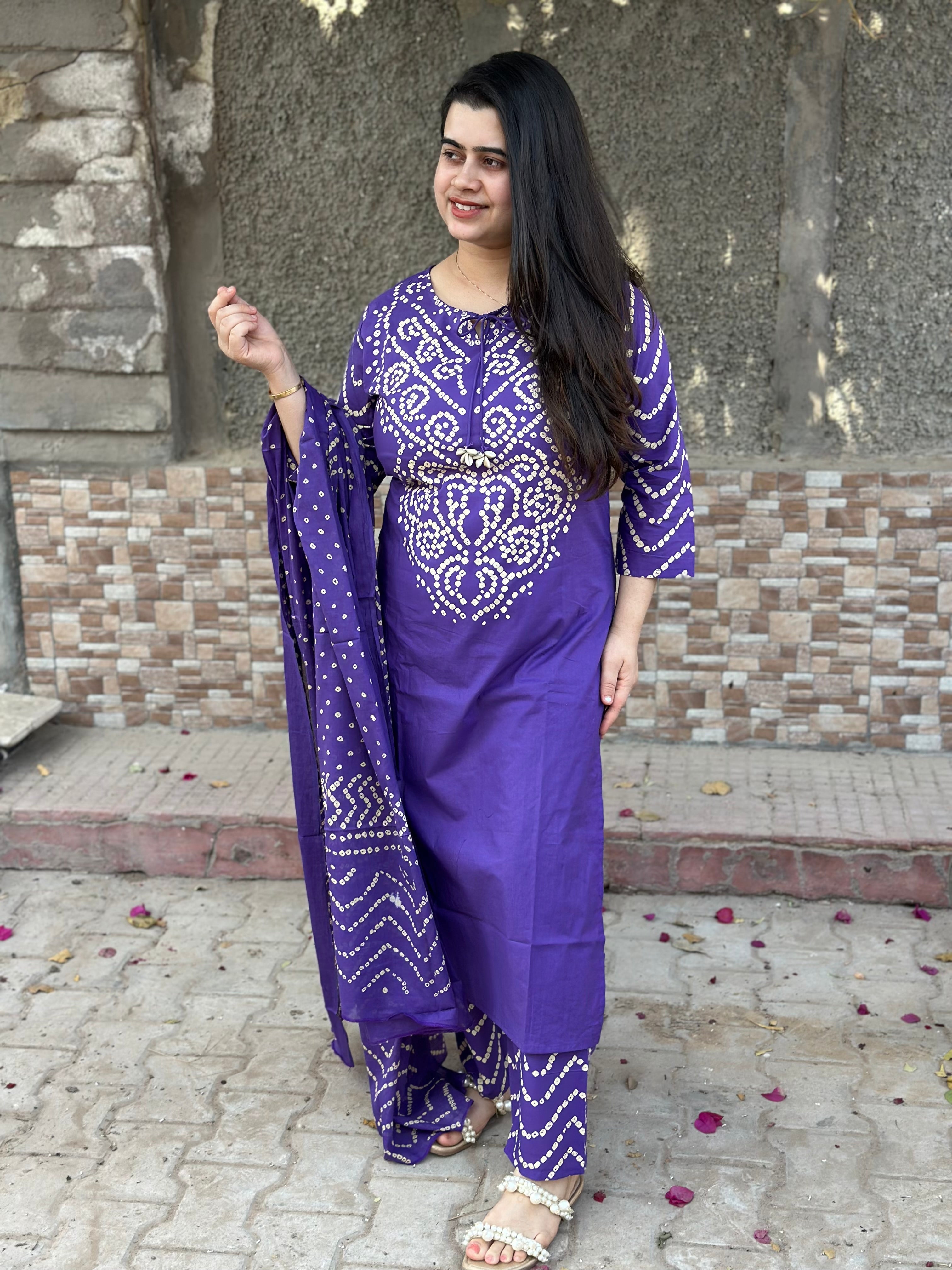 Amayra Cotton Kurta Embroidery Work Kurti Pant And Dupatta -purple