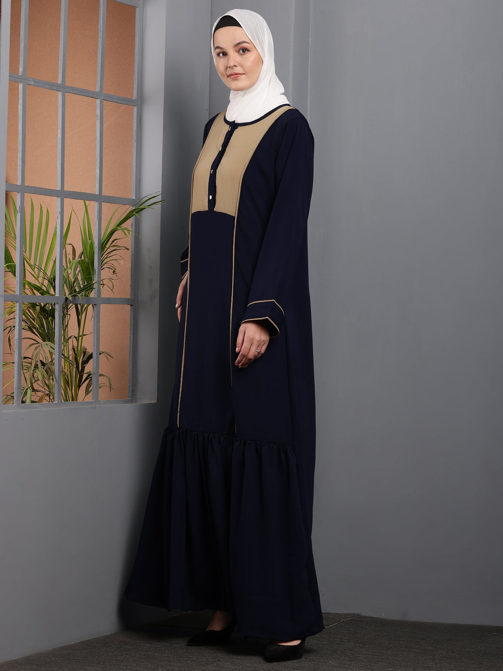 Navy Elegance Contrast Panel Abaya