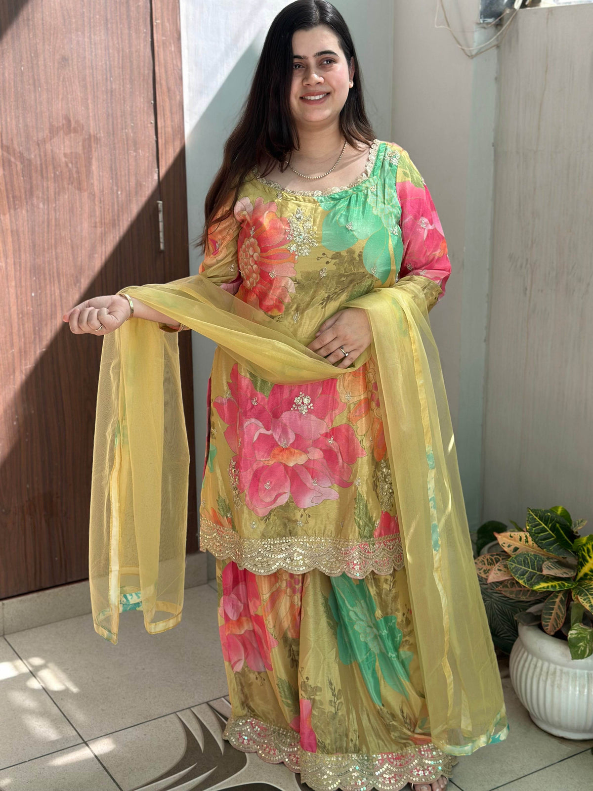 Chinon silk sharara suit