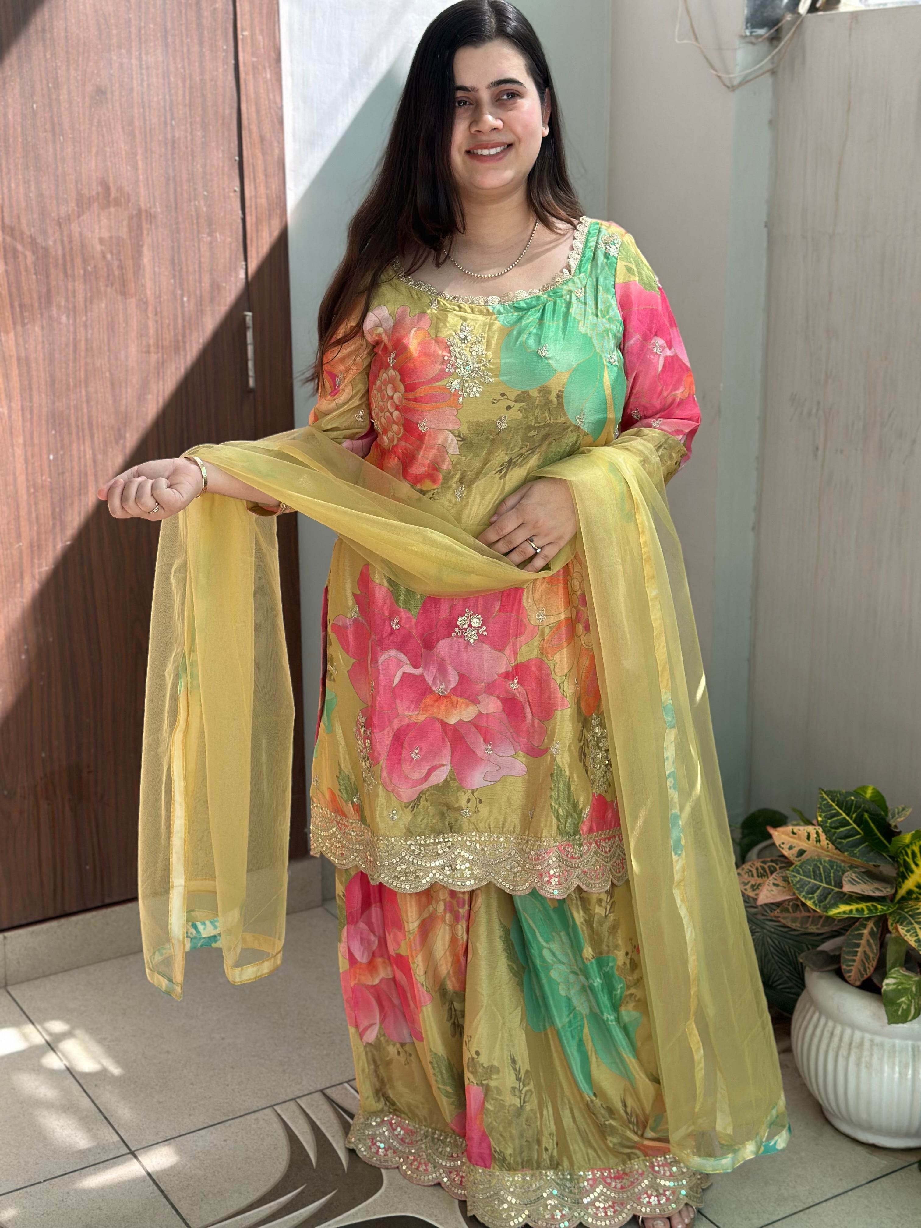 Chinon silk sharara suit