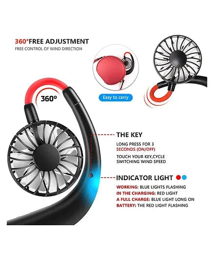 Blessbe Hand Free Portable Neckband Fan Hanging Neck Sports Fan USB Rechargeable