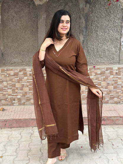 Luxury Brown cotton kurta set with dupatta