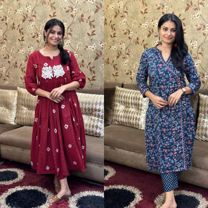 Premium Cotton Kurta Set For Women GRC + Cotton Kurta Set Angrakha BLU