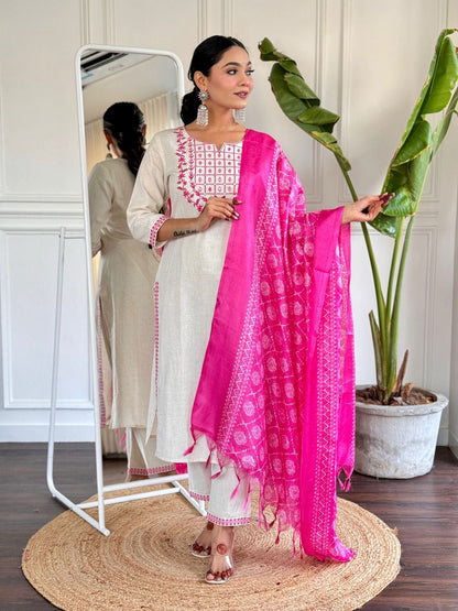 Off White Embroidered Cotton Flex Suit Set with Cotton Silk Dupatta