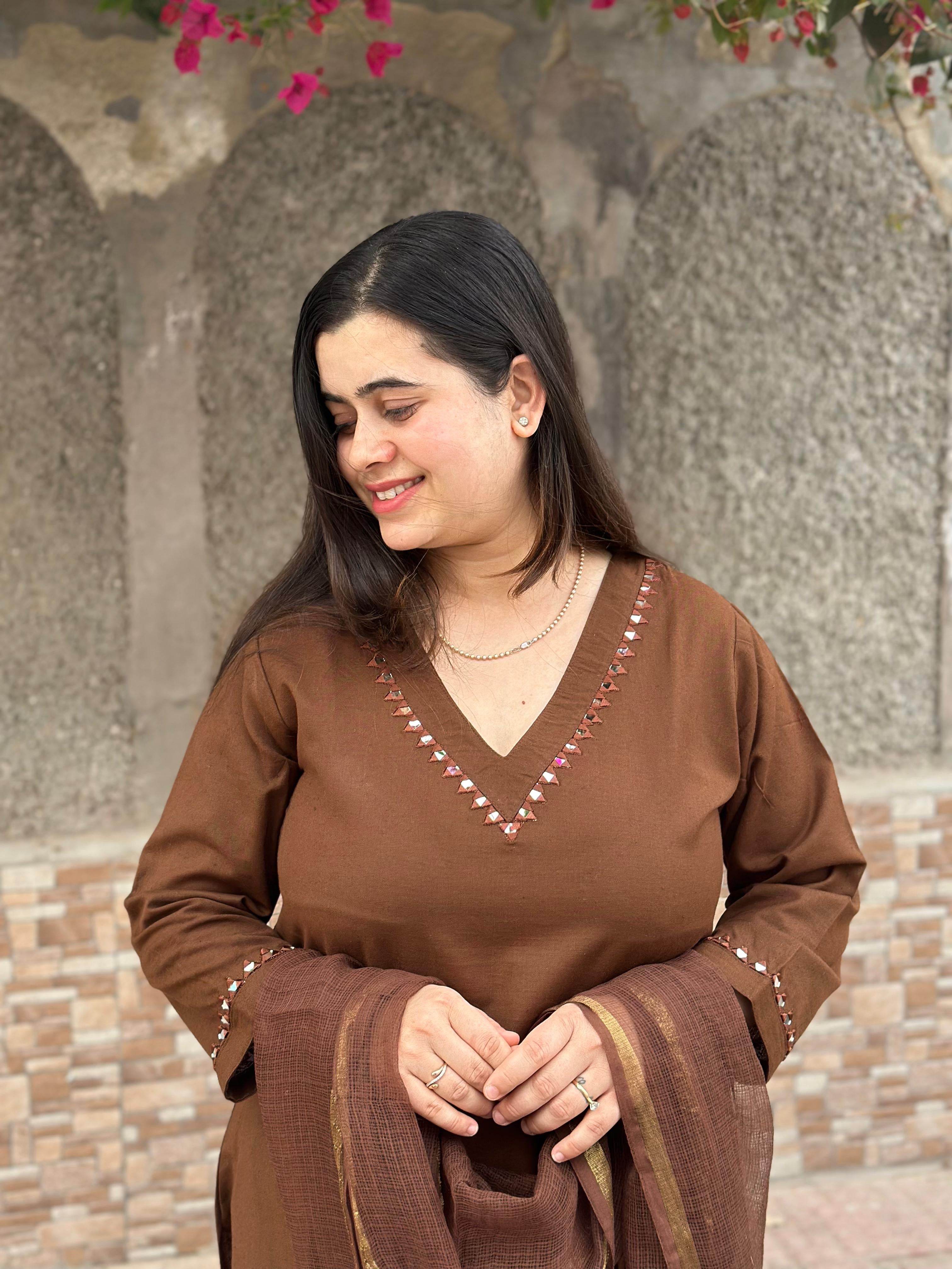 Luxury Brown cotton kurta set with dupatta