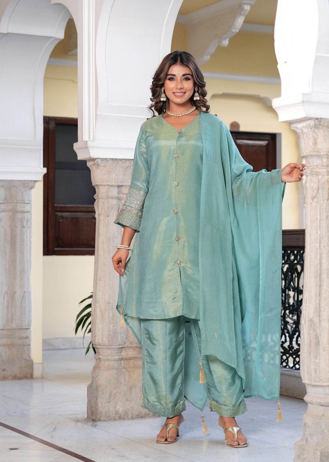Shimmer Silk suit For Women Aqua