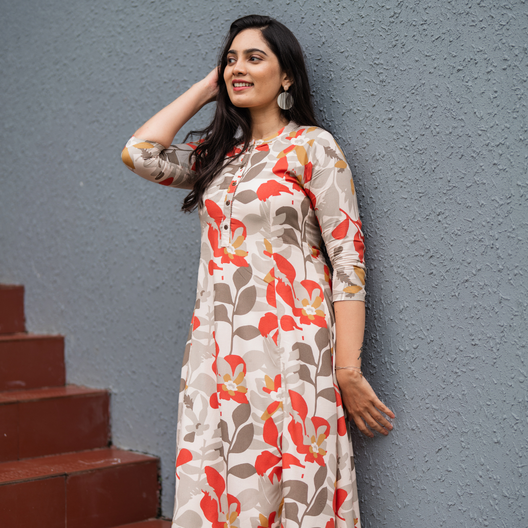 Beige Meticulous Abstract Viscose Printed A-line Dress