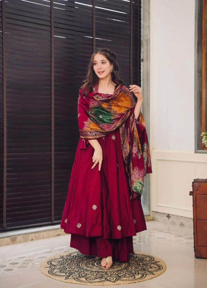 Sequence Embroidered Wine Colour Three Piece Gown Set