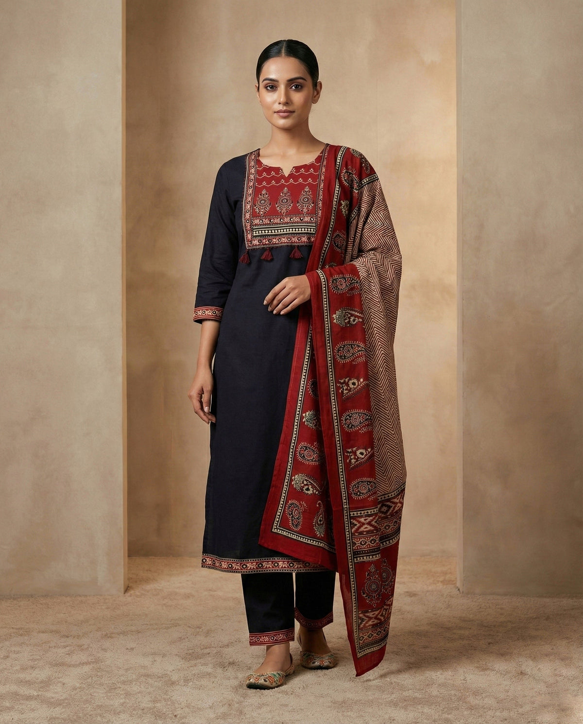 Black Arjakh Cotton Kurti Pant Dupatta Set – Thread & Lace