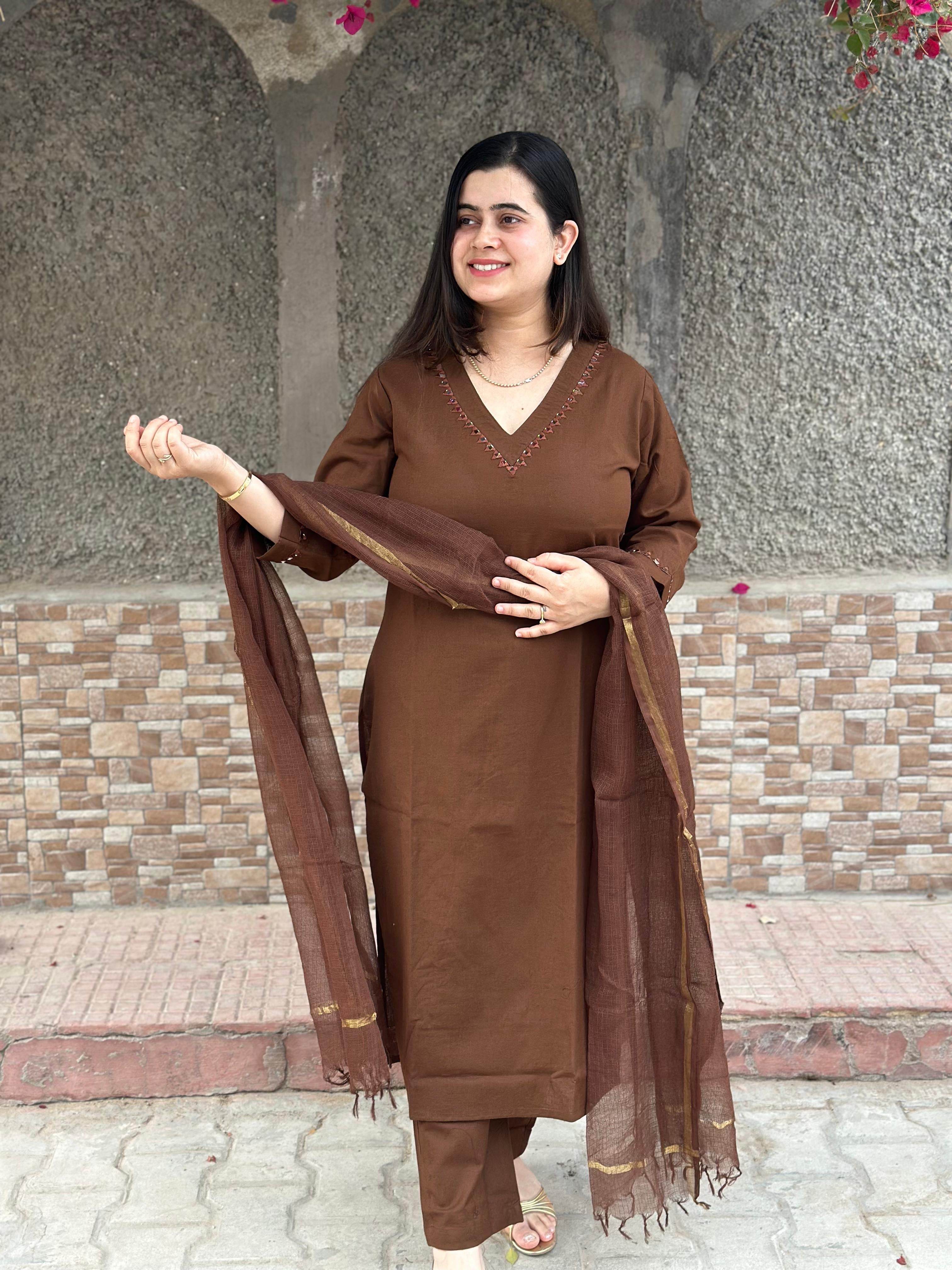 Luxury Brown cotton kurta set with dupatta