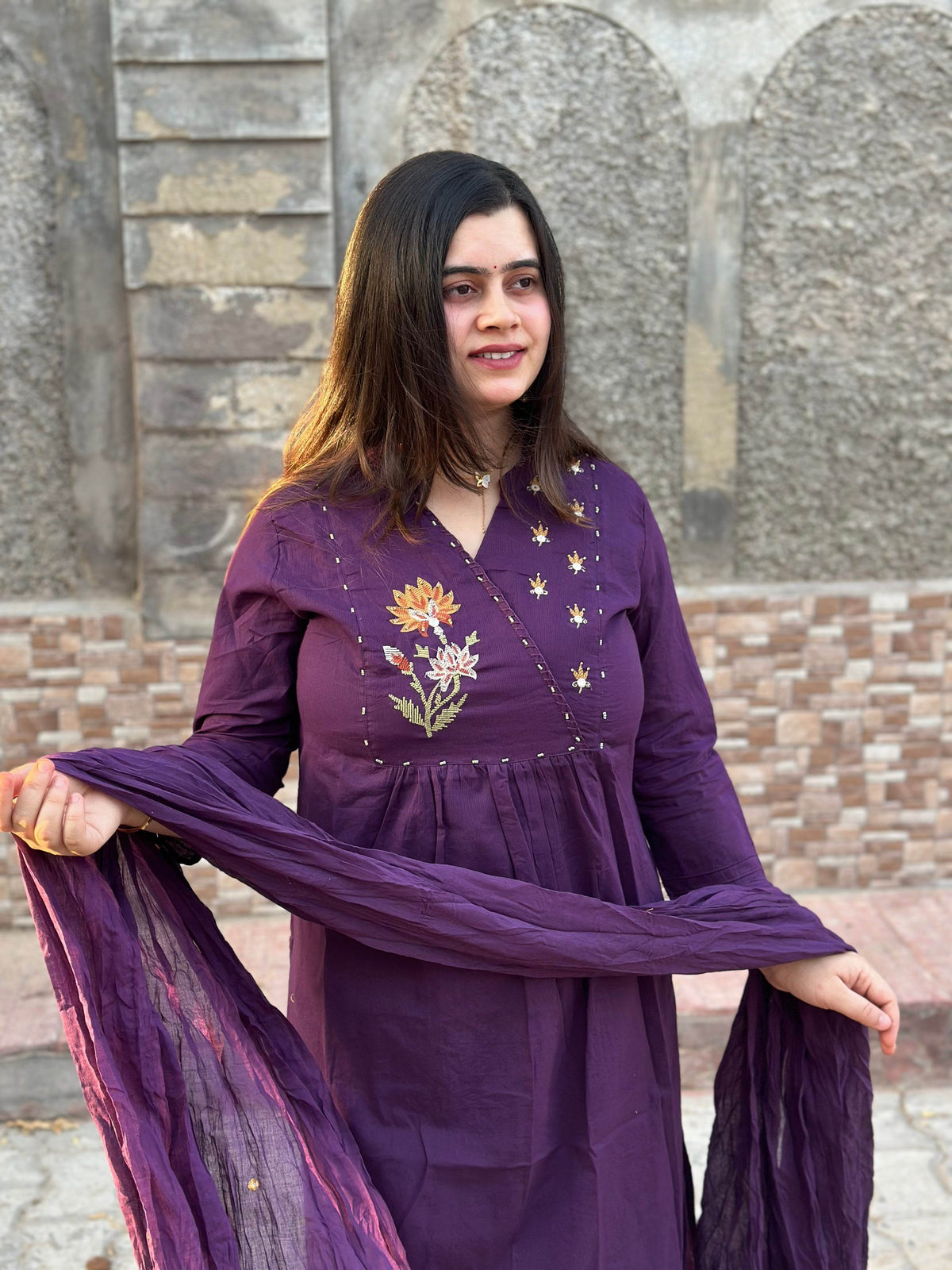 Cotton kurta set for women with dupatta Purple