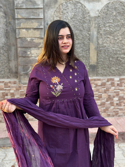 Cotton kurta set for women with dupatta Purple