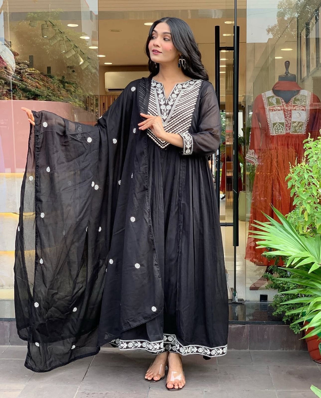 Premium Cotton Designer Thread Embroidered Anarkali Suit Set