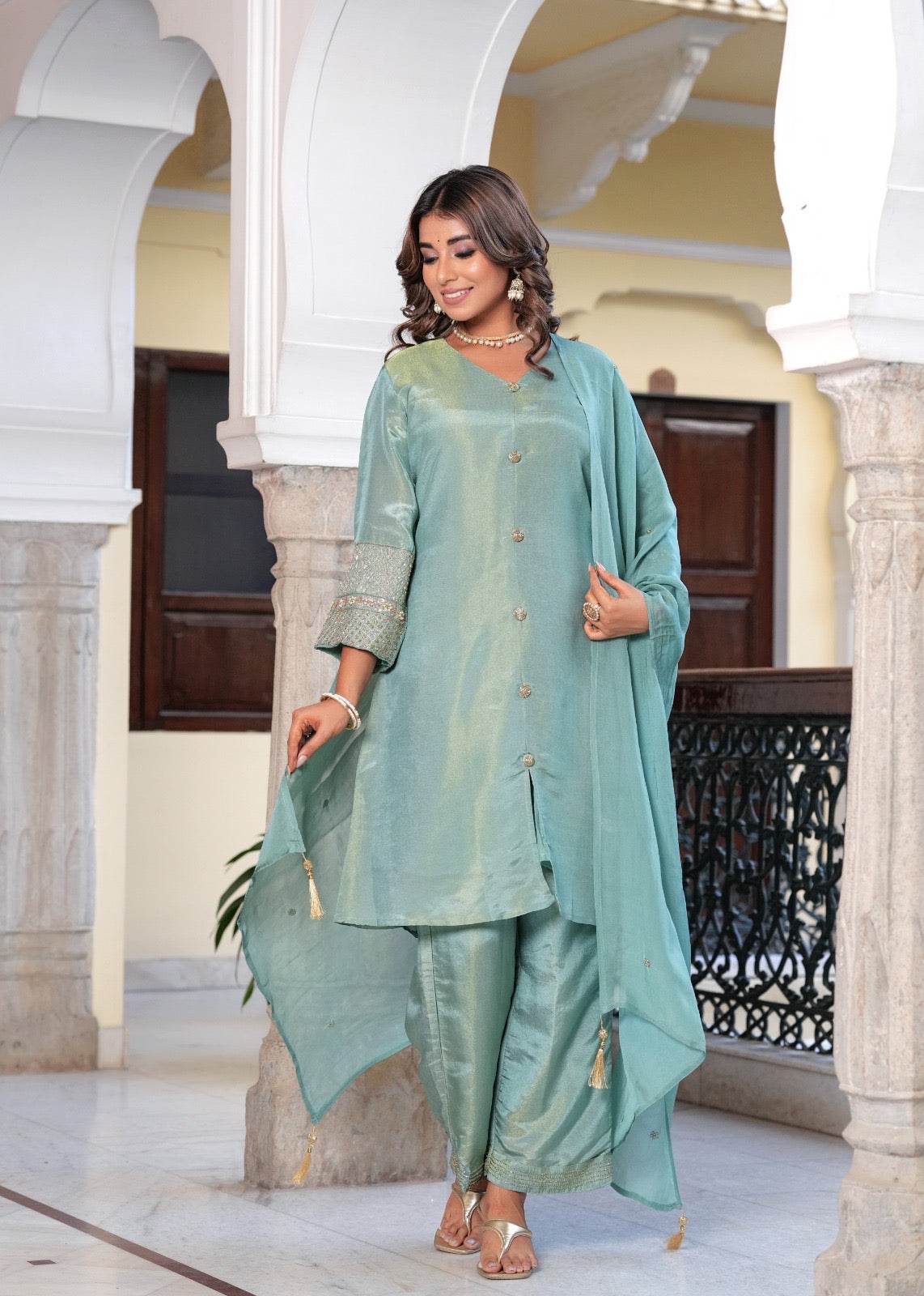 Shimmer Silk suit For Women Aqua
