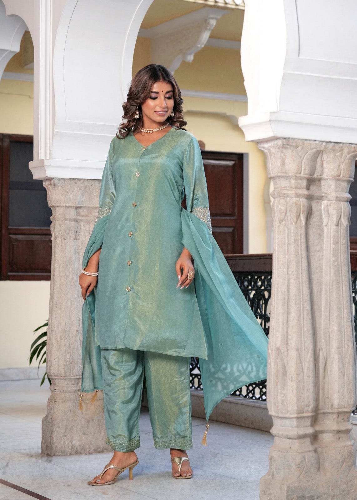 Shimmer Silk suit For Women Aqua