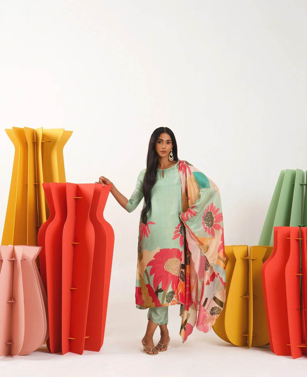 Floral Fondess Pink Straight Suit Set with Shimmer tissue silk Dupatta