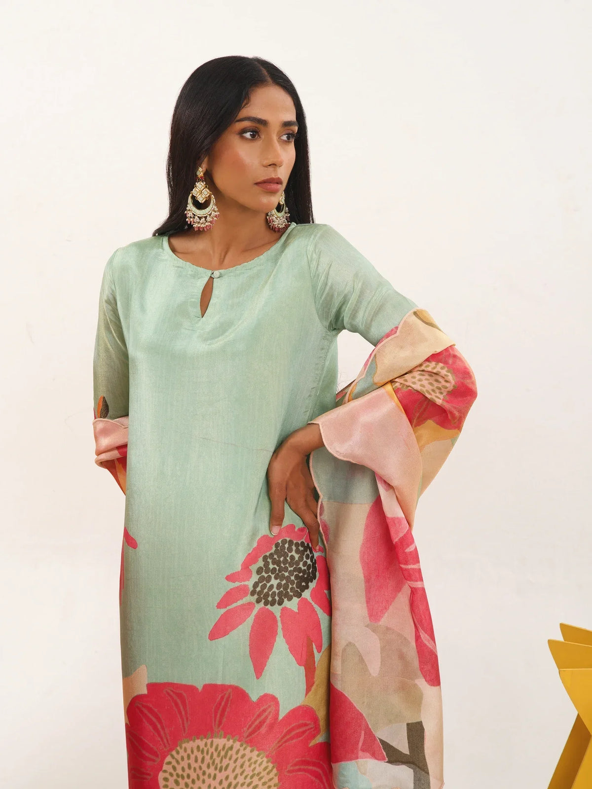 Floral Fondess Pink Straight Suit Set with Shimmer tissue silk Dupatta