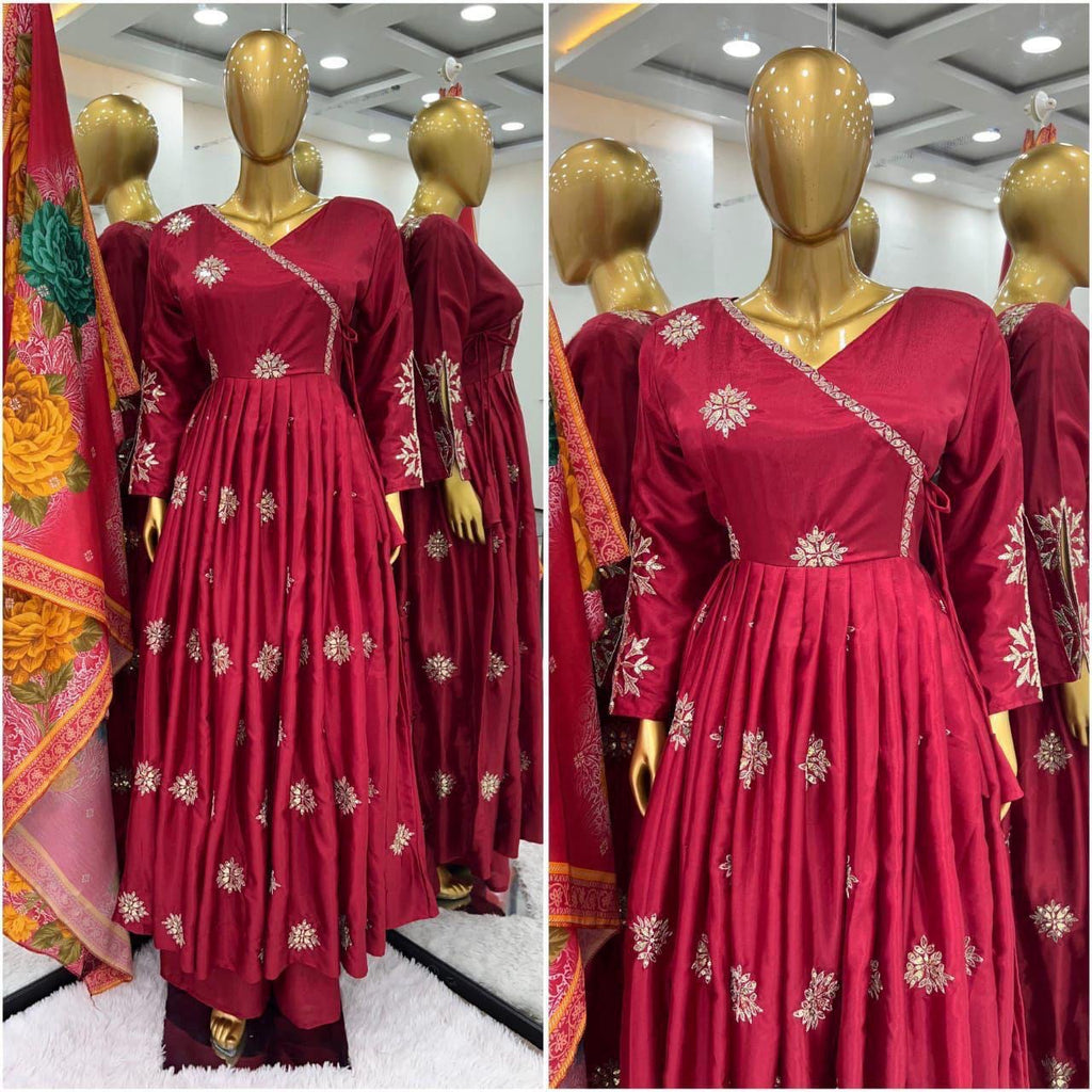 Sequence Embroidered Wine Colour Three Piece Gown Set