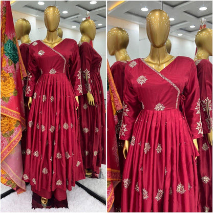 Sequence Embroidered Wine Colour Three Piece Gown Set