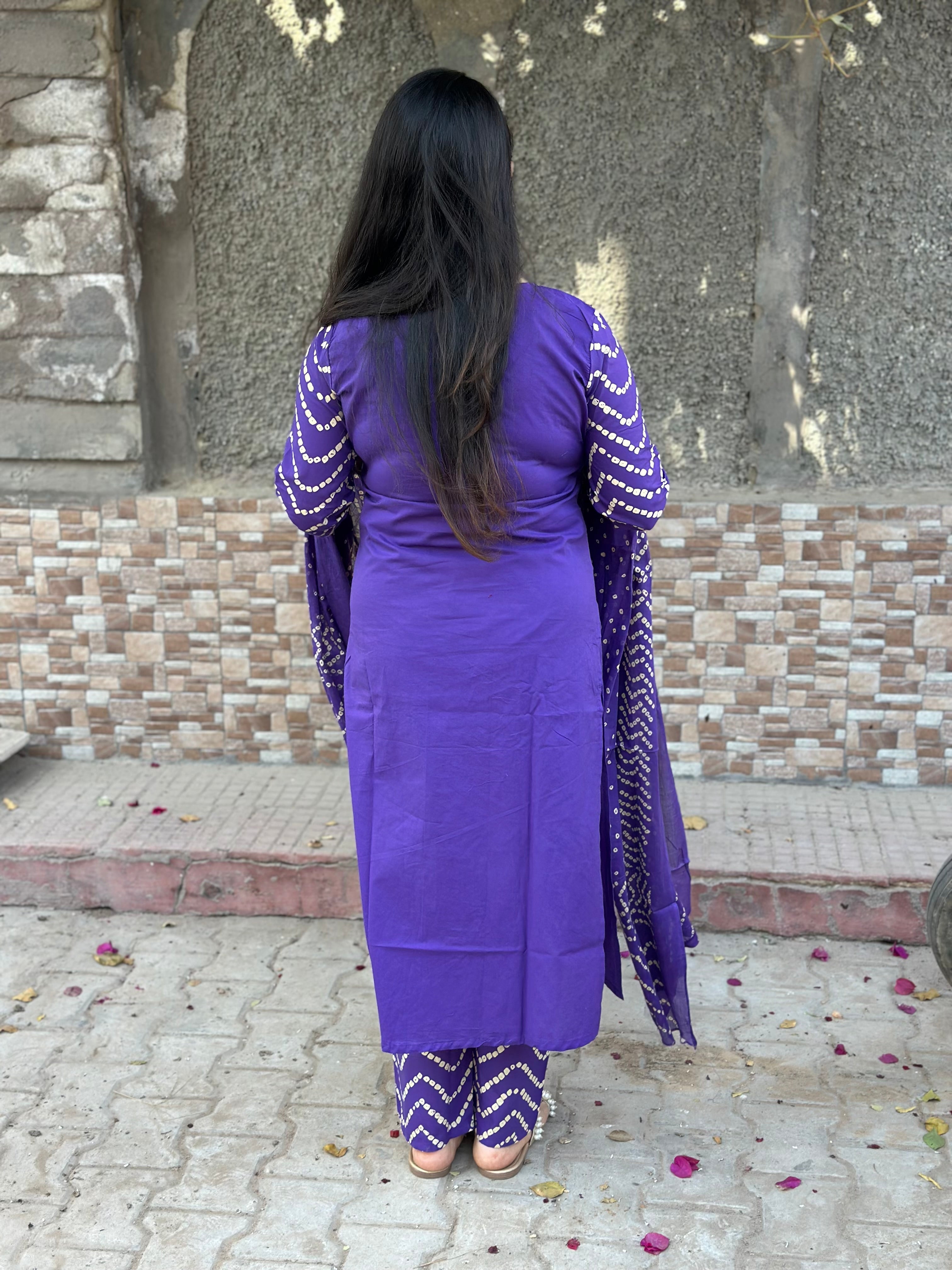 Amayra Cotton Kurta Embroidery Work Kurti Pant And Dupatta -purple