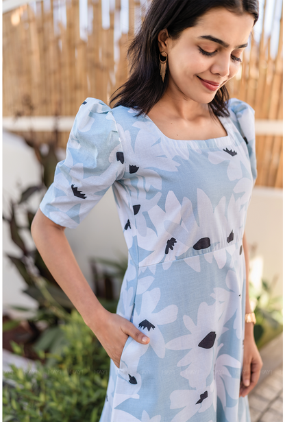 Fleur Blue Cotton Blend Dress with Rounded Square Neck & Leg-O-Mutton Sleeves